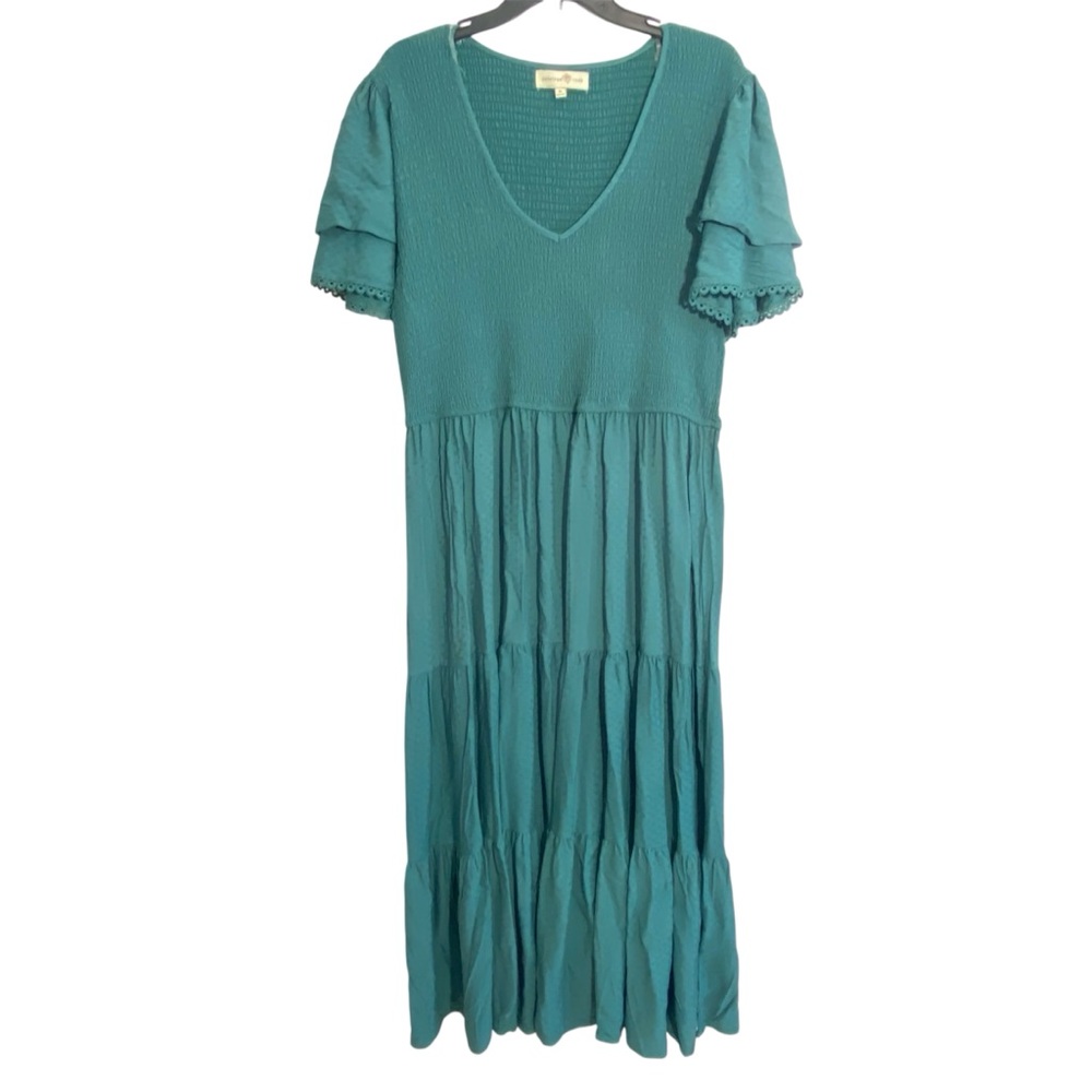 Penelope Rose Tiered Maxi Dress Women's 2X Teal Aqua Smocked Ruffle Sleeve NWT